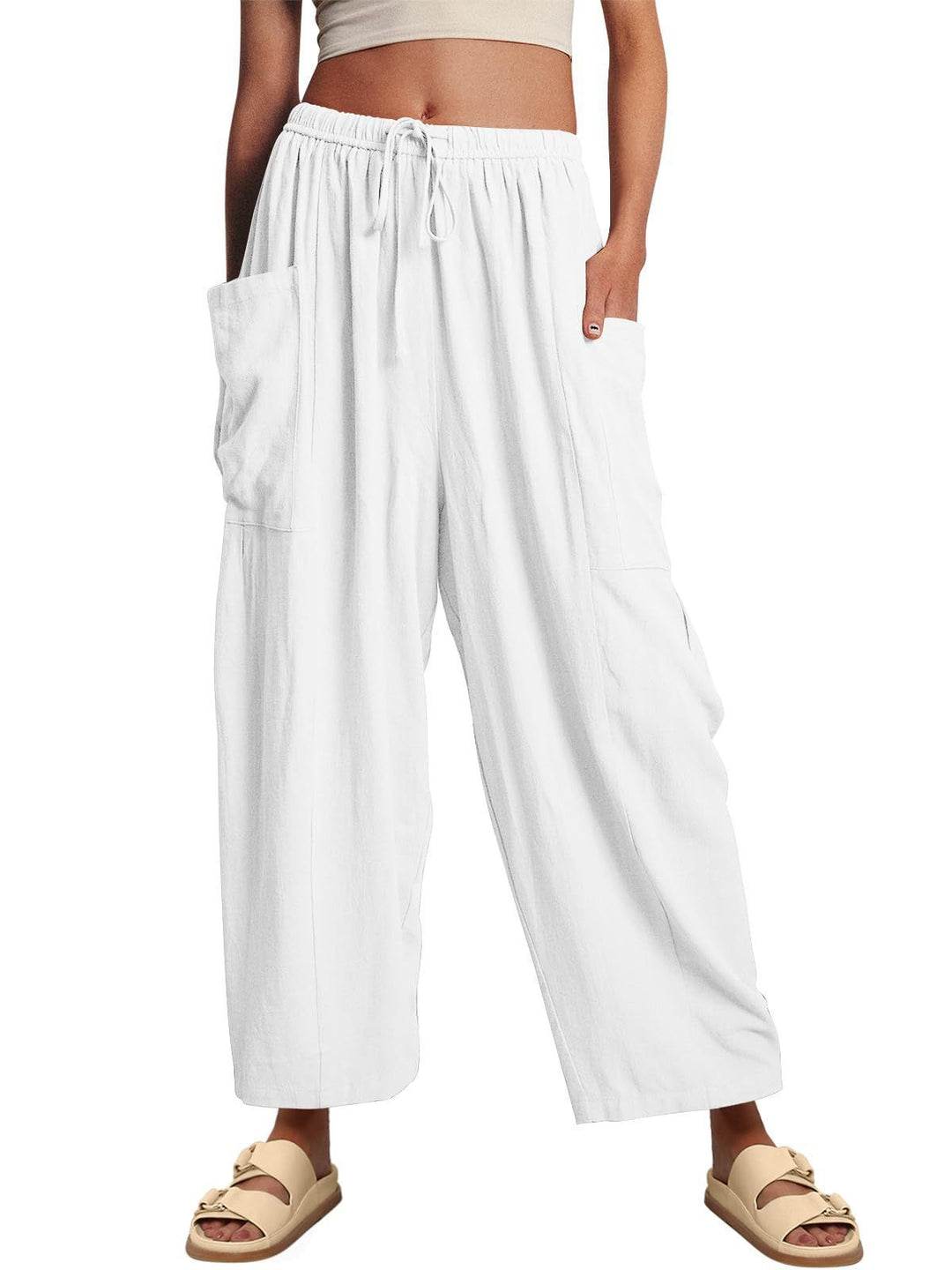 Wide linen pants for women with elastic waist and large pockets Lune London
