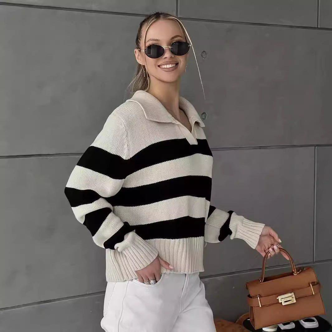 Women Oversized Sweater with Classic Collar and Chic Striped Design