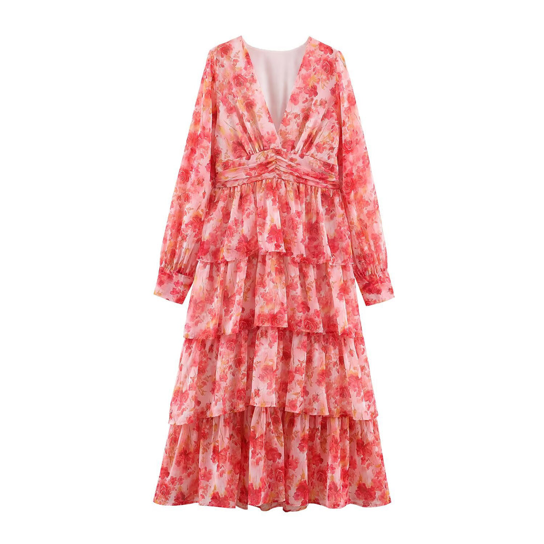 Women’s Long Tiered Chiffon Midi Dress with Deep V-Neck and Tailored Drapings Amarae
