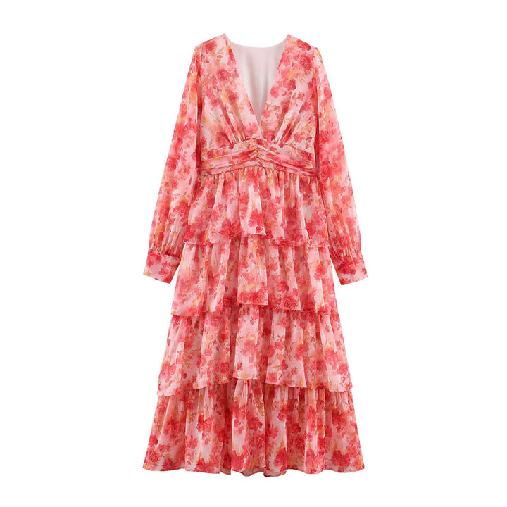 Women’s Long Tiered Chiffon Midi Dress with Deep V-Neck and Tailored Drapings Amarae