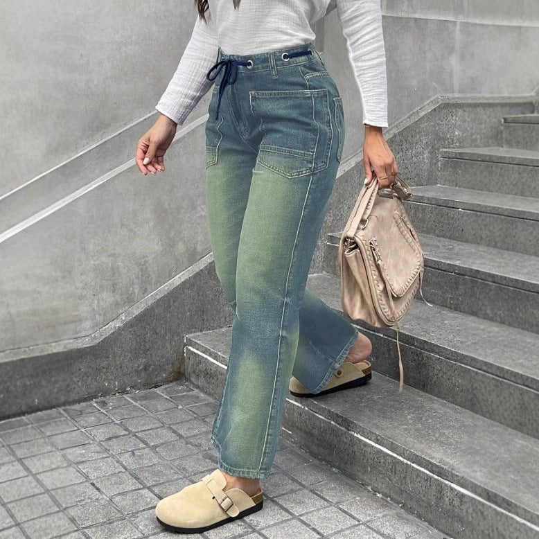 Women's high-waisted jeans with straight leg, drawstring waistband, and patch pockets Amarae