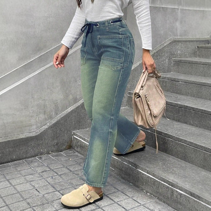 Women's high-waisted jeans with straight leg, drawstring waistband, and patch pockets Amarae