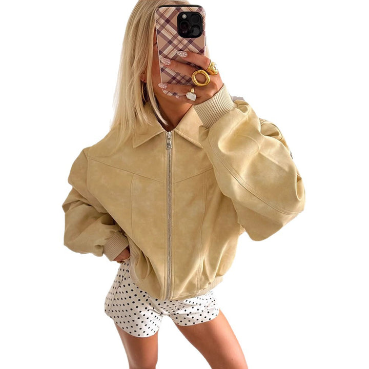 Women's Short Cut Oversized Bomber in Suede-Look with Continuous Zipper & Ribbed Cuffs Amarae