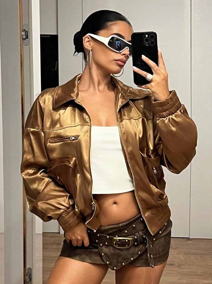 Ladies satin bomber jacket with zippered pockets on the sides Lune London