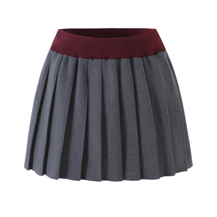 Women’s Two-Piece Fine Knit Set with V-Neck, Contrasting Collar and Pleated Mini Skirt Amarae