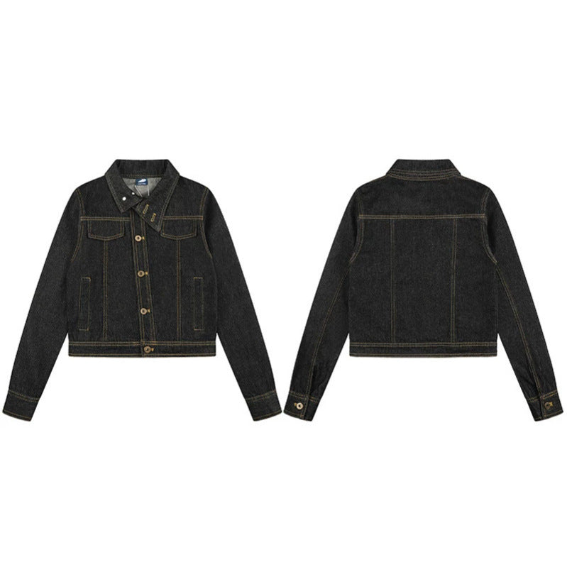 Women's Short Boxy Denim Jacket with Contrast Stitching and Chest Pockets Amarae