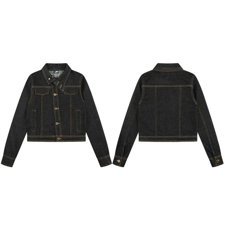 Women's Short Boxy Denim Jacket with Contrast Stitching and Chest Pockets Amarae