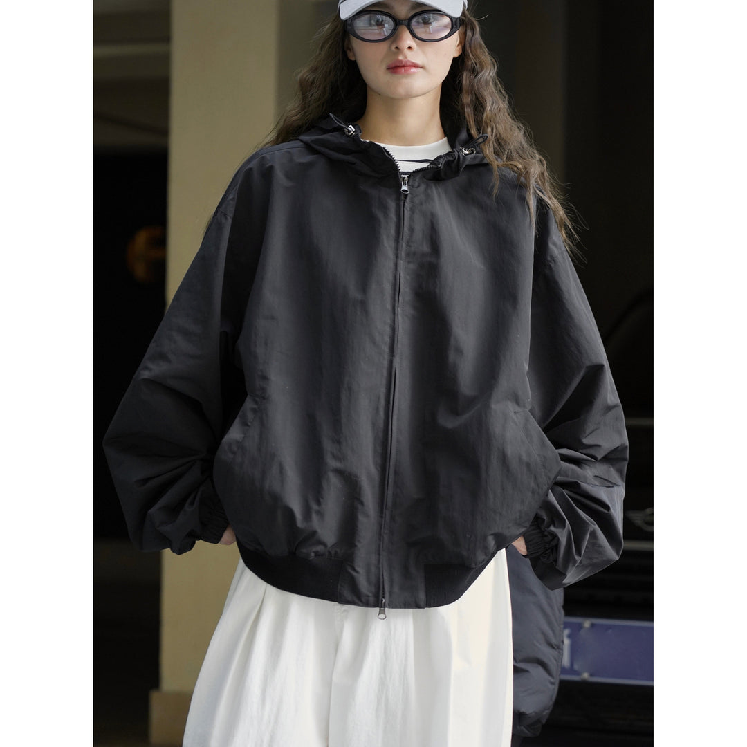 Women's Lightweight Oversized Windbreaker Bomber with Drawstring Hood and Ribbed Hem Amarae