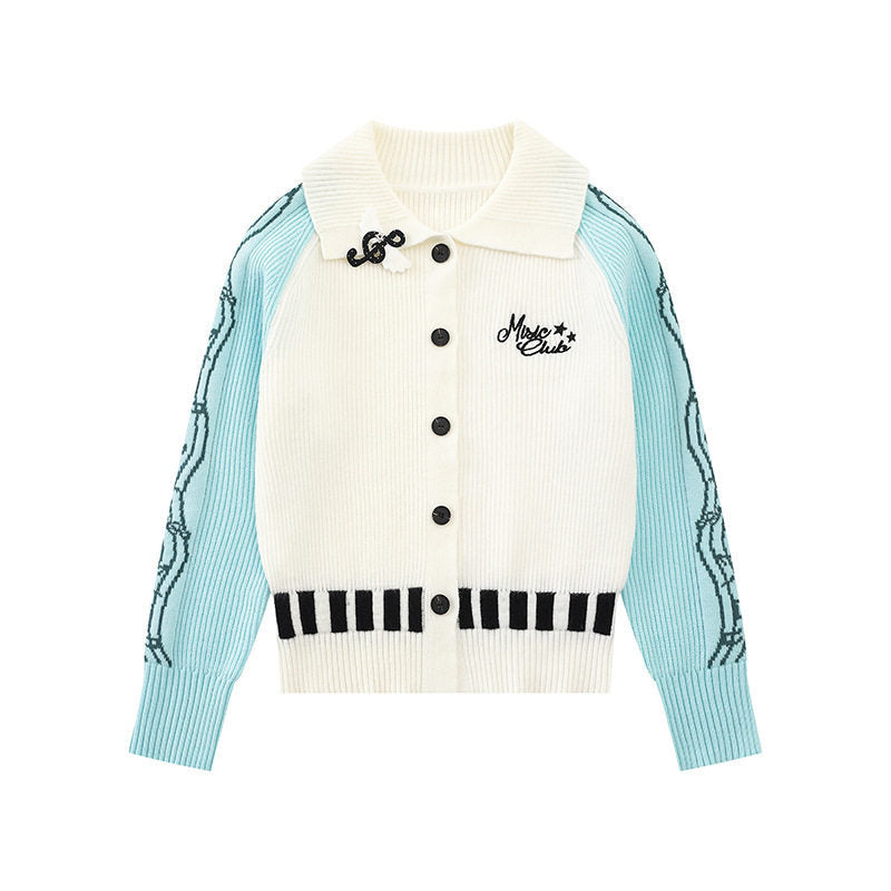 Women's cardigan with contrast sleeves, musical embroidery and polo collar Amarae