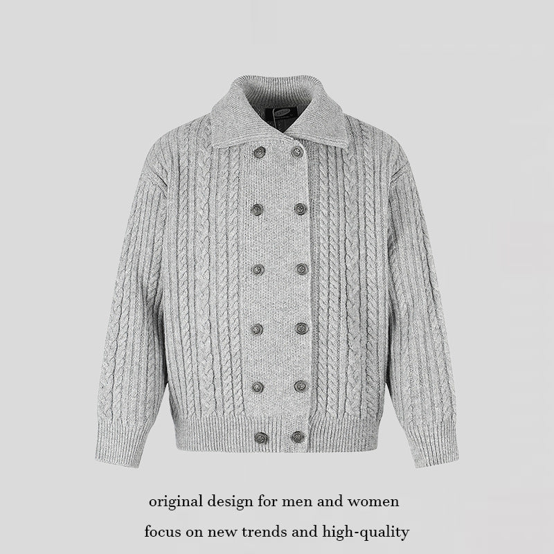 Women's Double-Breasted Cable Knit Cardigan with Shirt Collar and Ribbed Cuffs Amarae