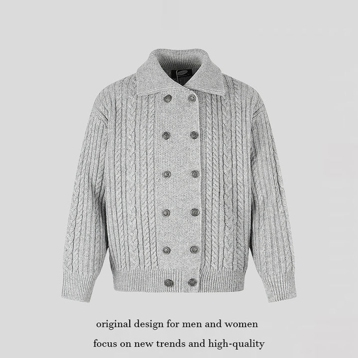 Women's Double-Breasted Cable Knit Cardigan with Shirt Collar and Ribbed Cuffs Amarae