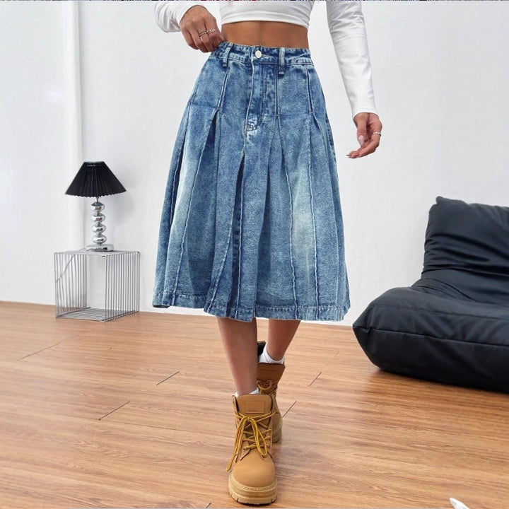 Ladies midi skirt made of denim with vintage wash, pleats and high waist Amarae