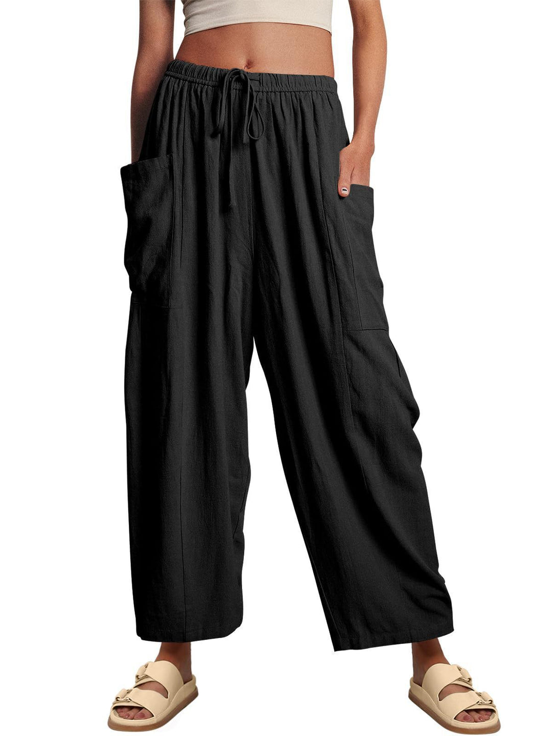 Wide linen pants for women with elastic waist and large pockets Lune London