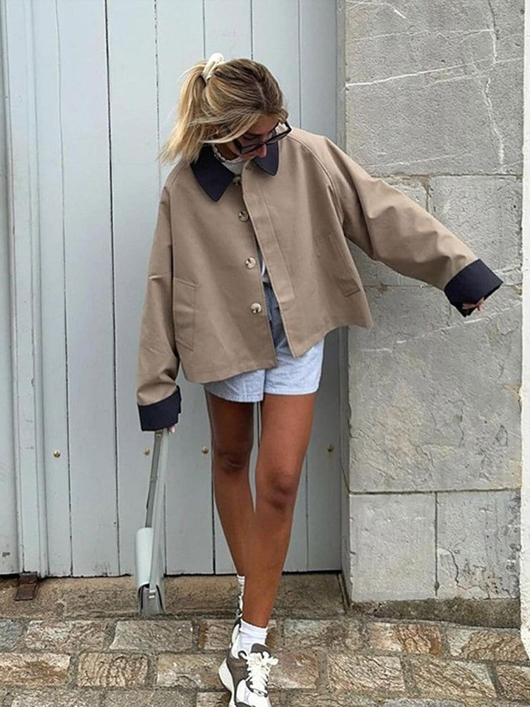 Women's Boxy Transitional Jacket with Contrast Collar, Concealed Button Placket, and Extended Sleeves Amarae