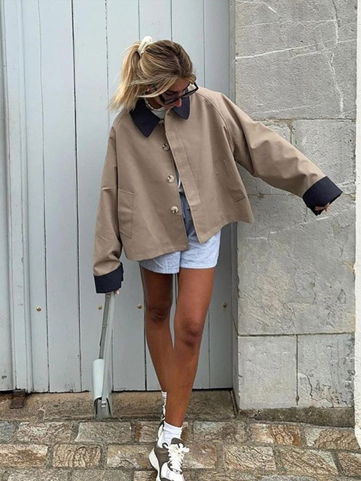 Women's Boxy Transitional Jacket with Contrast Collar, Concealed Button Placket, and Extended Sleeves Amarae