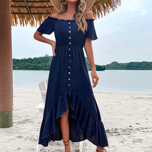 Maxi dress with off-the-shoulder neckline, button closure, and ruffled trim Amarae