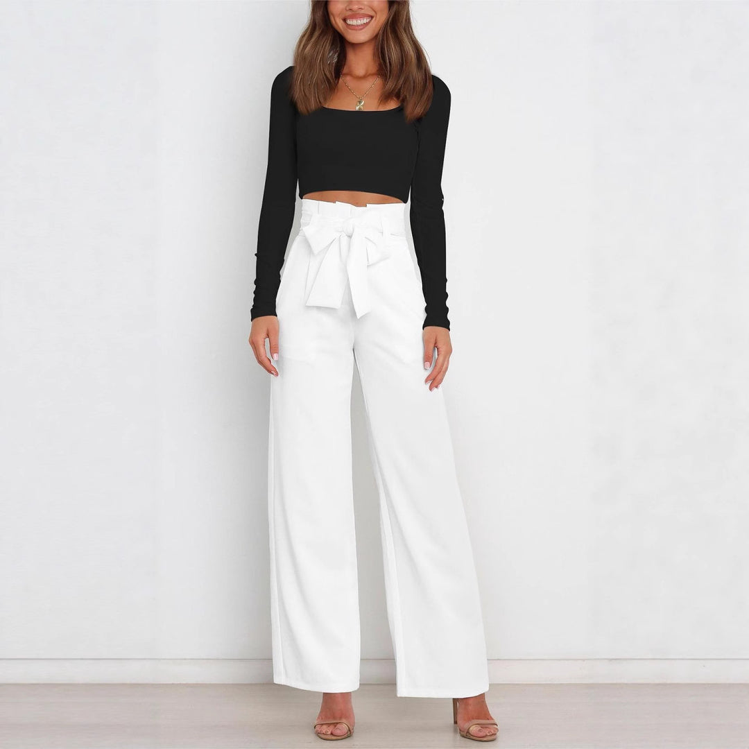 Elegant high-waisted pants for women with a tie belt and wide leg Lune London