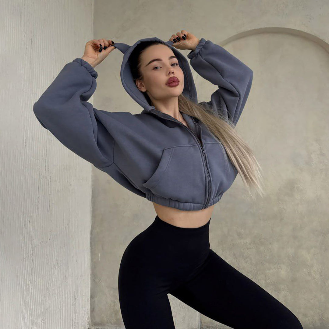 Cropped hooded jacket for women with a unique ears design Lune London