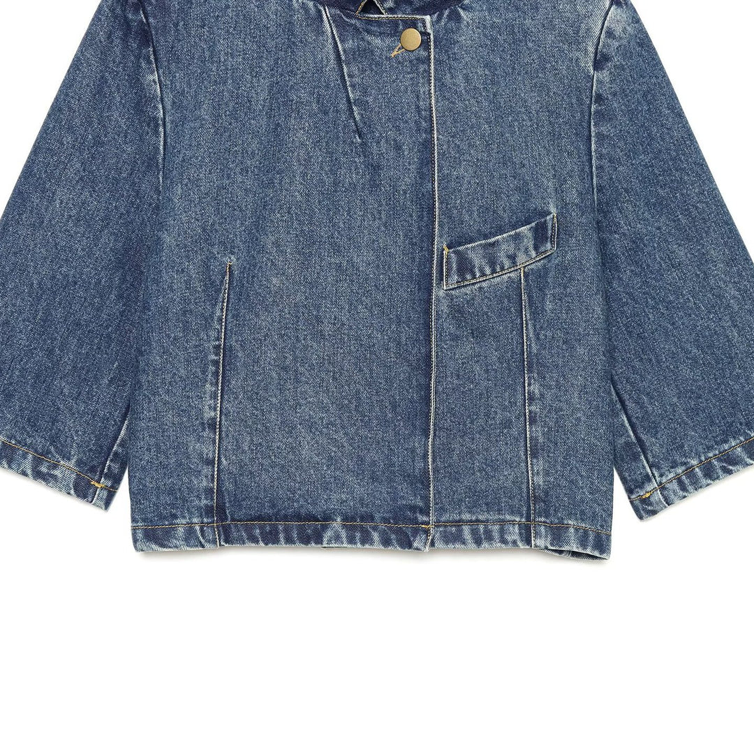 Women's Boxy Cropped Denim Jacket with Stand Collar and Three-Quarter Sleeves Amarae