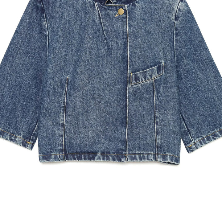Women's Boxy Cropped Denim Jacket with Stand Collar and Three-Quarter Sleeves Amarae