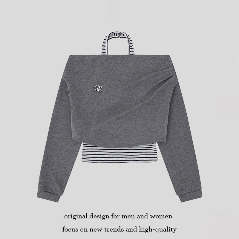 Women's Cropped Layered Hoodie with Integrated Striped Under-Shirt, Hood and Casual Raglan Cut