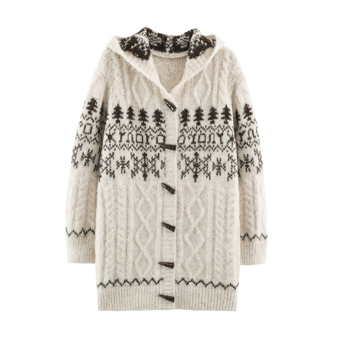 Women's Coarse Knit Hooded Cardigan with Horn Buttons and Norwegian Pattern Amarae