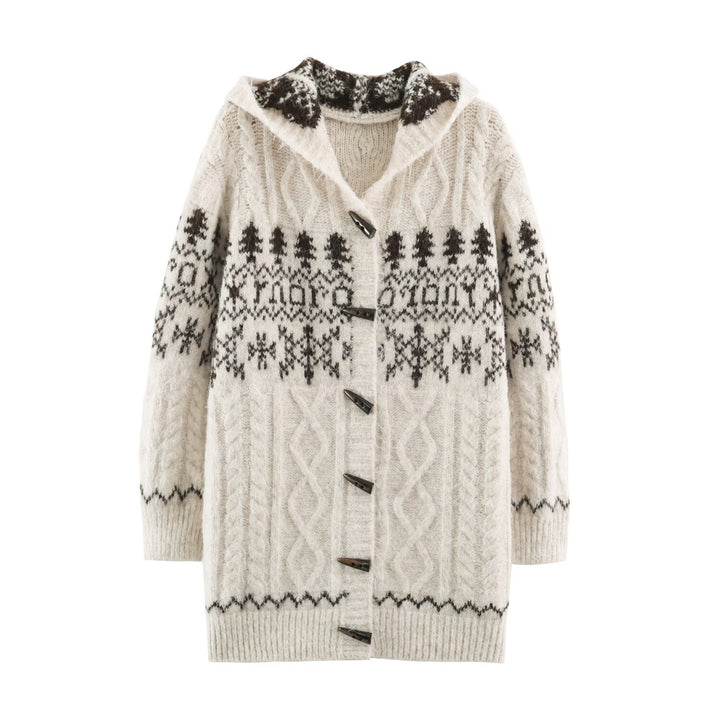 Women's Coarse Knit Hooded Cardigan with Horn Buttons and Norwegian Pattern Amarae
