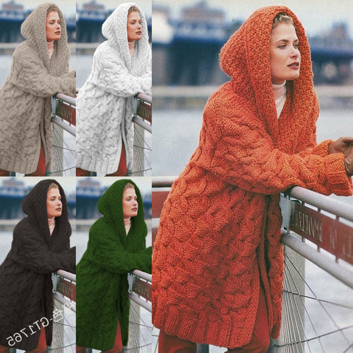 Thick knitted coat for women with hood and decorative cable knit pattern Amarae