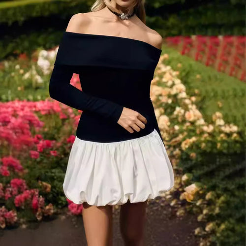 Off-the-shoulder mini dress for women with voluminous skirt and long sleeves Amarae