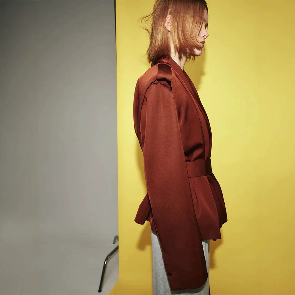 Women Tailored Wrap Blazer with Wide Belt and Decorative Epaulettes Amarae