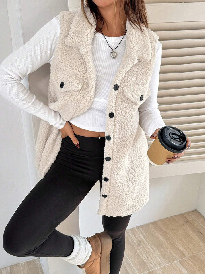 Women Plush Gilet with Large Pockets and Elegant Collar Lune London