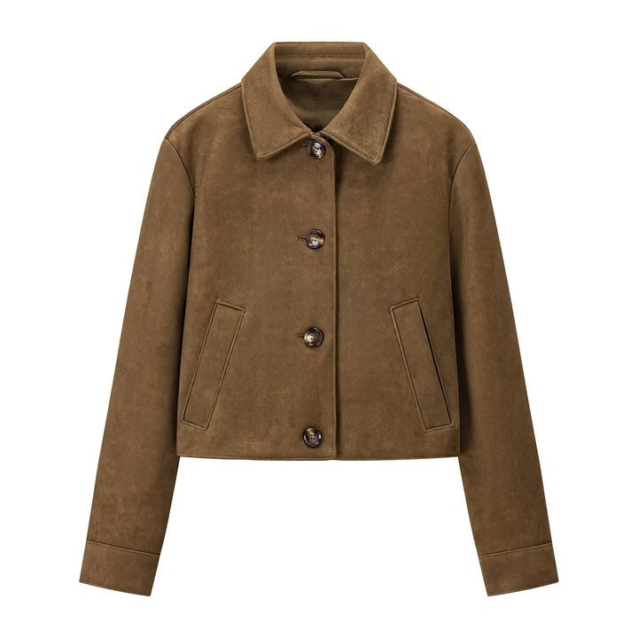 Women's short jacket made of suede leather with shirt collar and piped pockets Amarae