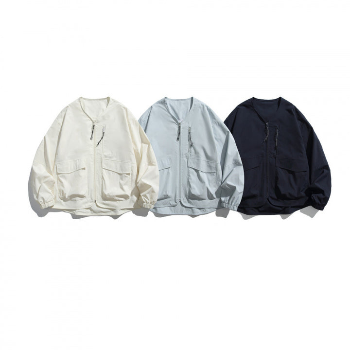 Unisex Lightweight Oversize Utility Jacket without Collar with Front Zipper and Patch Pockets Amarae
