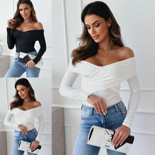 Ladies Elegant crossover top with off-the-shoulder design and long sleeves Amarae