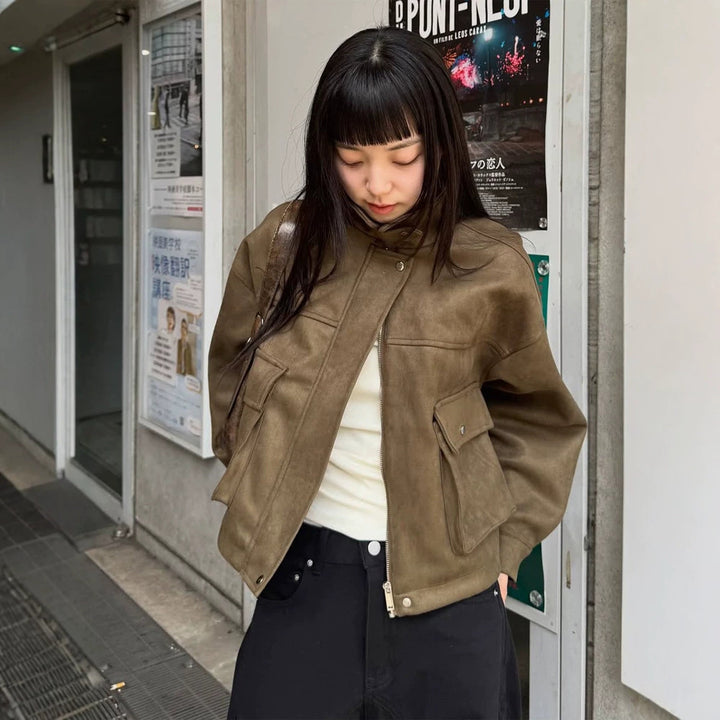 Women's Cropped Velvet Jacket in Utility Style with Hood and Patch Pockets Amarae