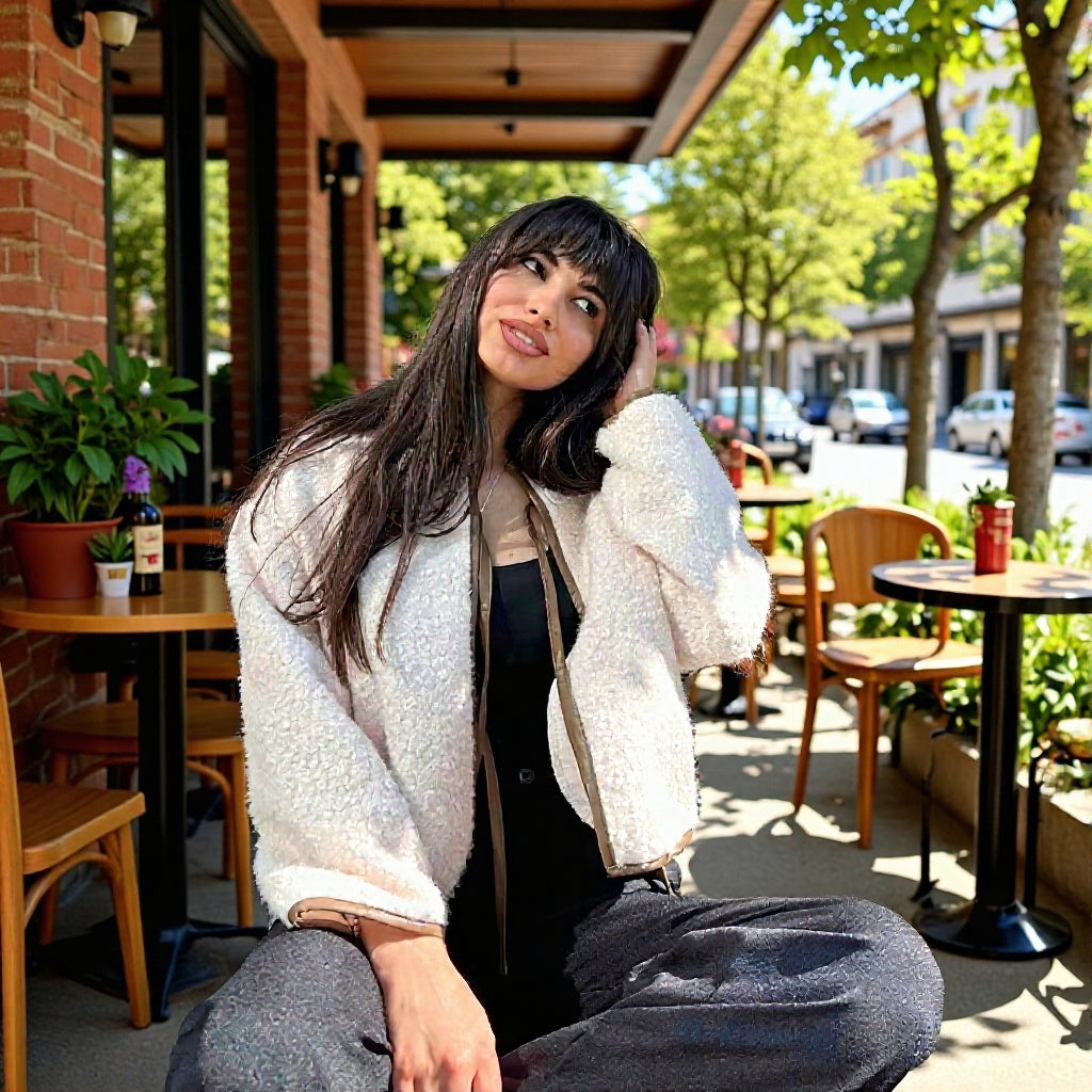 Women's short jacket in teddy look with decorative ribbons and contrasting piping Amarae