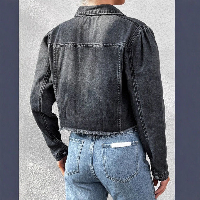 Women's cropped fitted denim jacket with raw fringe hem and flap pockets Amarae