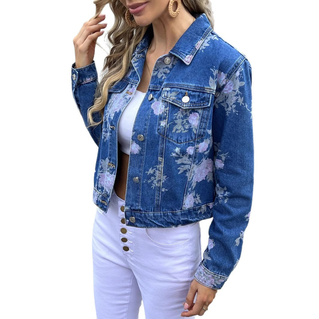Women's Short-Cut Denim Jacket with Floral Watercolor Print and Flap Pockets Amarae
