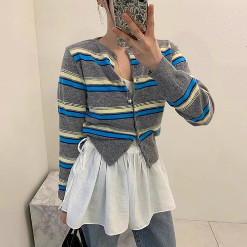 Sporty knitted jacket for women with a trendy striped pattern and playful buttons Amarae