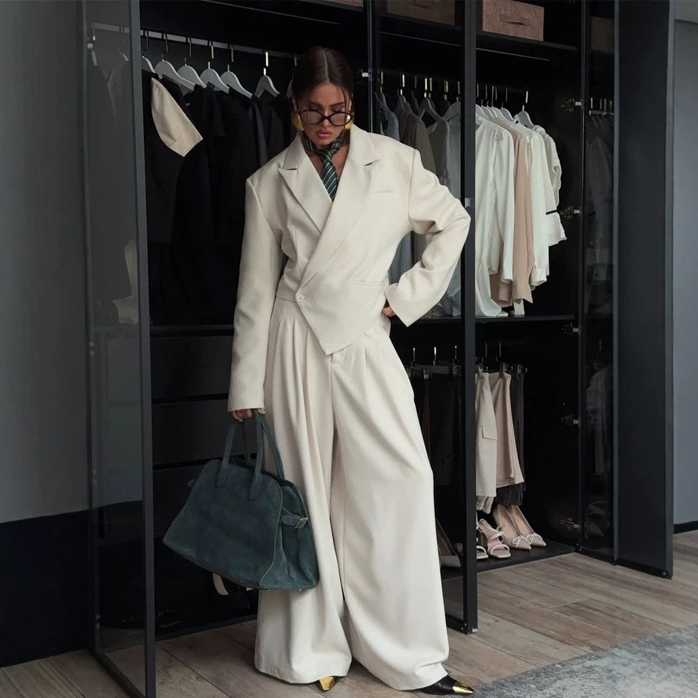 Women Oversized Blazer Set with Tailored Peplum and Pleated Midi Skirt Amarae