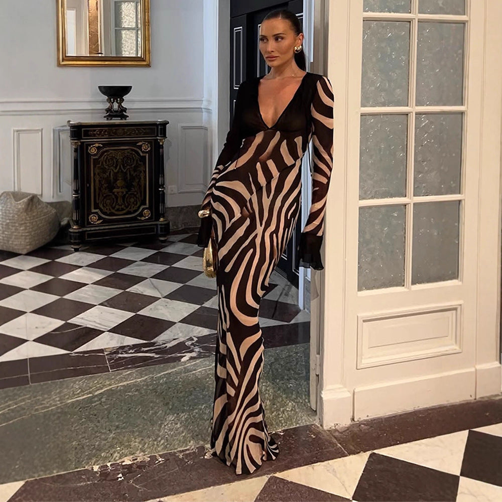 Women's body-hugging mesh maxi dress with deep V-neckline & graphic zebra print Amarae