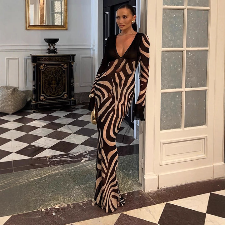 Women's body-hugging mesh maxi dress with deep V-neckline & graphic zebra print Amarae