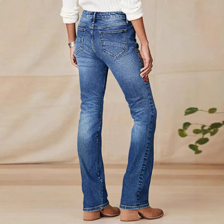 Women's Bootcut Jeans with Side Floral Embroidery and Comfortable Stretch Waistband Amarae