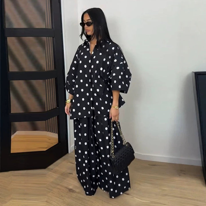 Women's Two-Piece Oversized Blouse and Palazzo Pants Set with Polka Dot Pattern Amarae