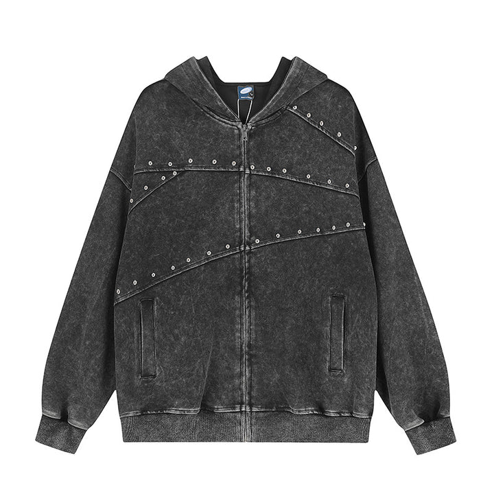 Women's oversized hoodie sweatshirt jacket in used look with stud decoration and full-length zipper Amarae