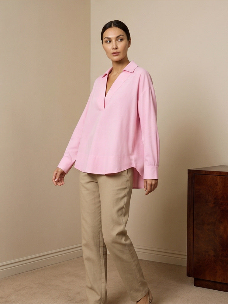 Women's loose-fitting tunic blouse with V-neck, shirt collar, and extended back hem Amarae