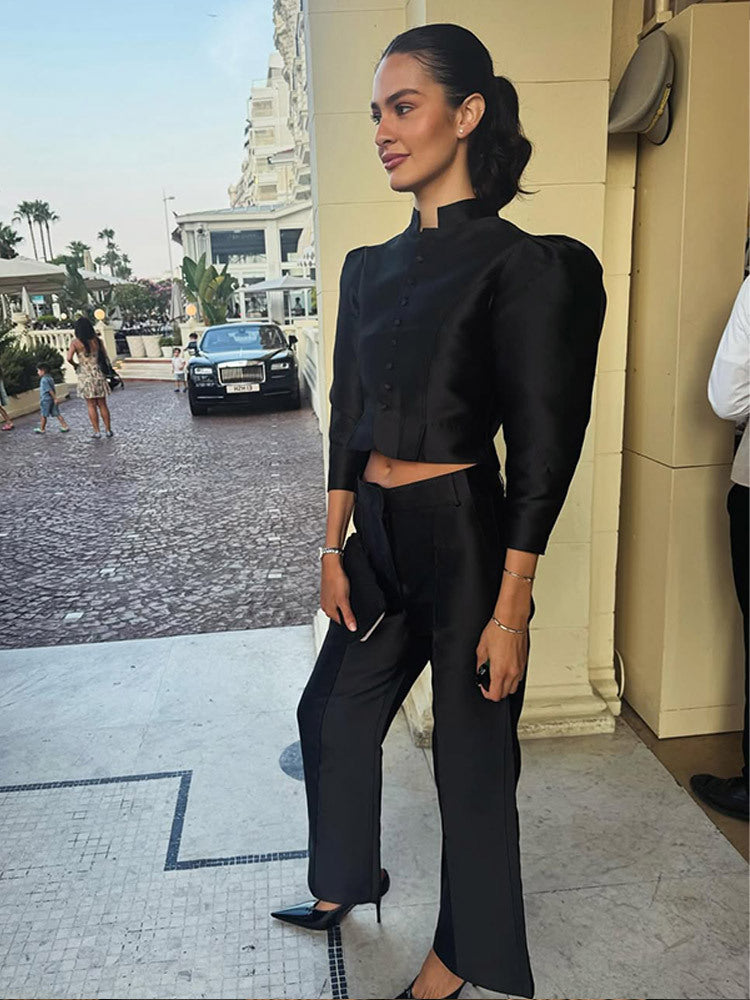 Women Satin Two-Piece with Tailored Short Jacket, Stand Collar & High-Waist Wide Pants Amarae