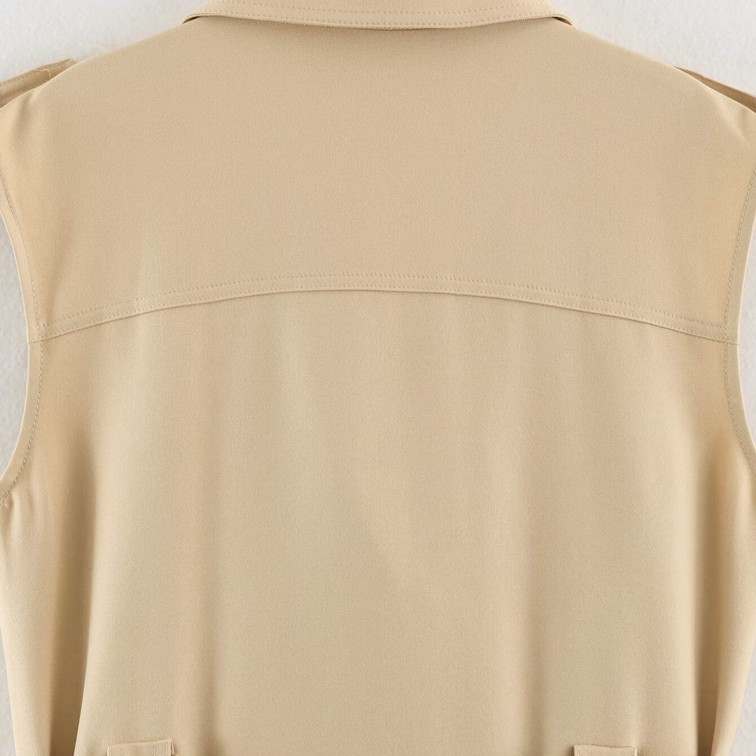 Women's Sleeveless Tailored Trench Dress with Tie Belt and Flap Pockets Amarae