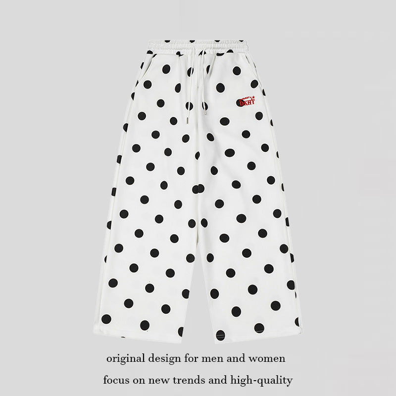 Women's Wide Culotte Sweatpants with Elastic Comfort Waistband and Polka Dot Print