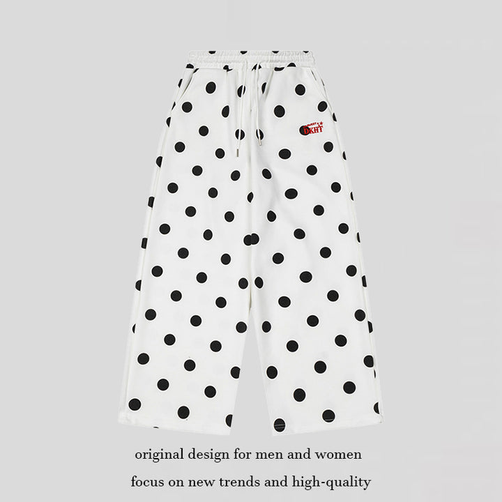 Women's Wide Culotte Sweatpants with Elastic Comfort Waistband and Polka Dot Print